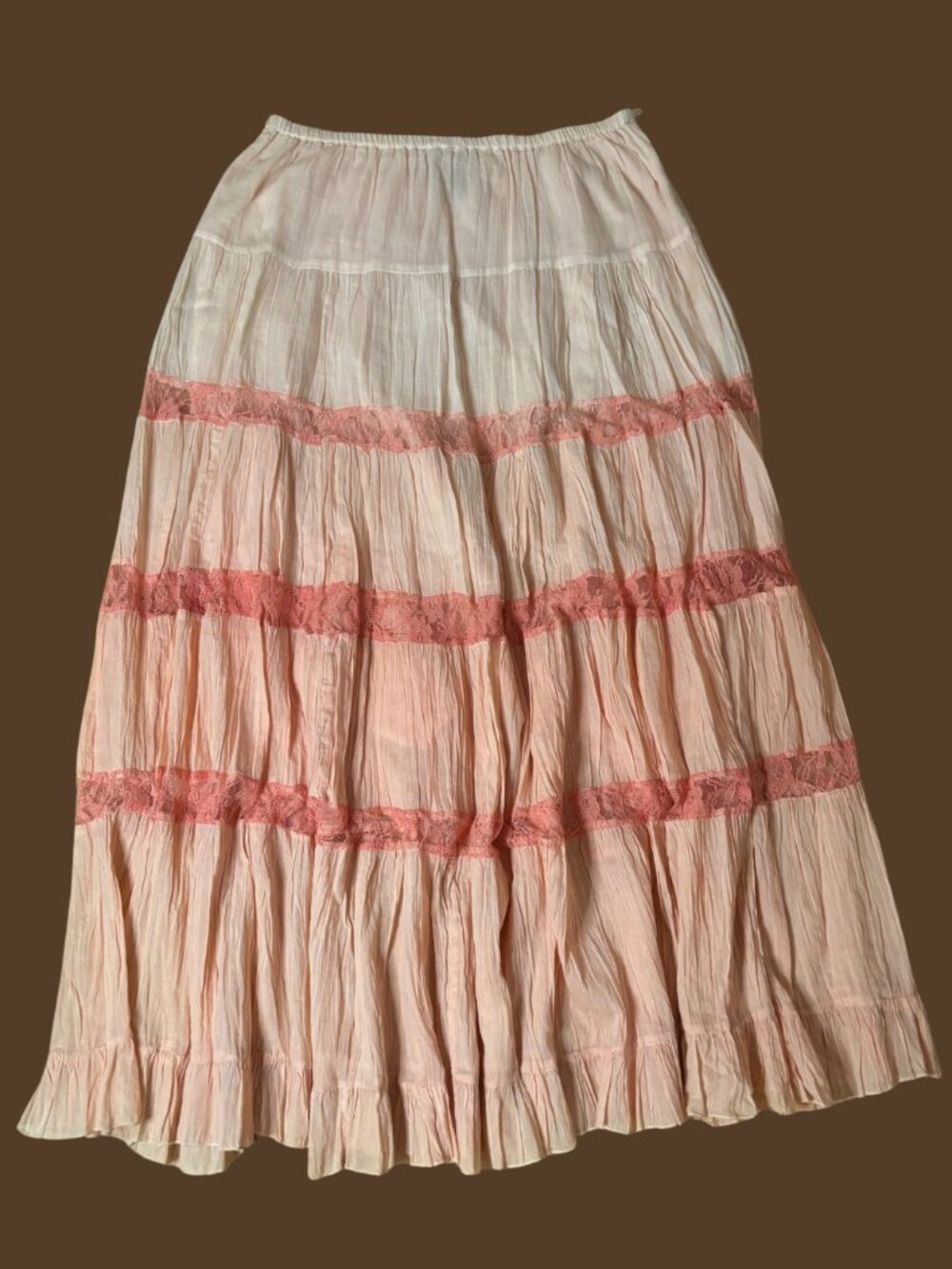 Tiered Maxi Skirt Pink Lace Cotton Prairie Skirt Cottagecore Romantic